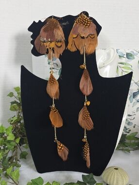 2-in-1 Boho Feather Statement Earrings | Long Gold Chain Shoulder Dusters